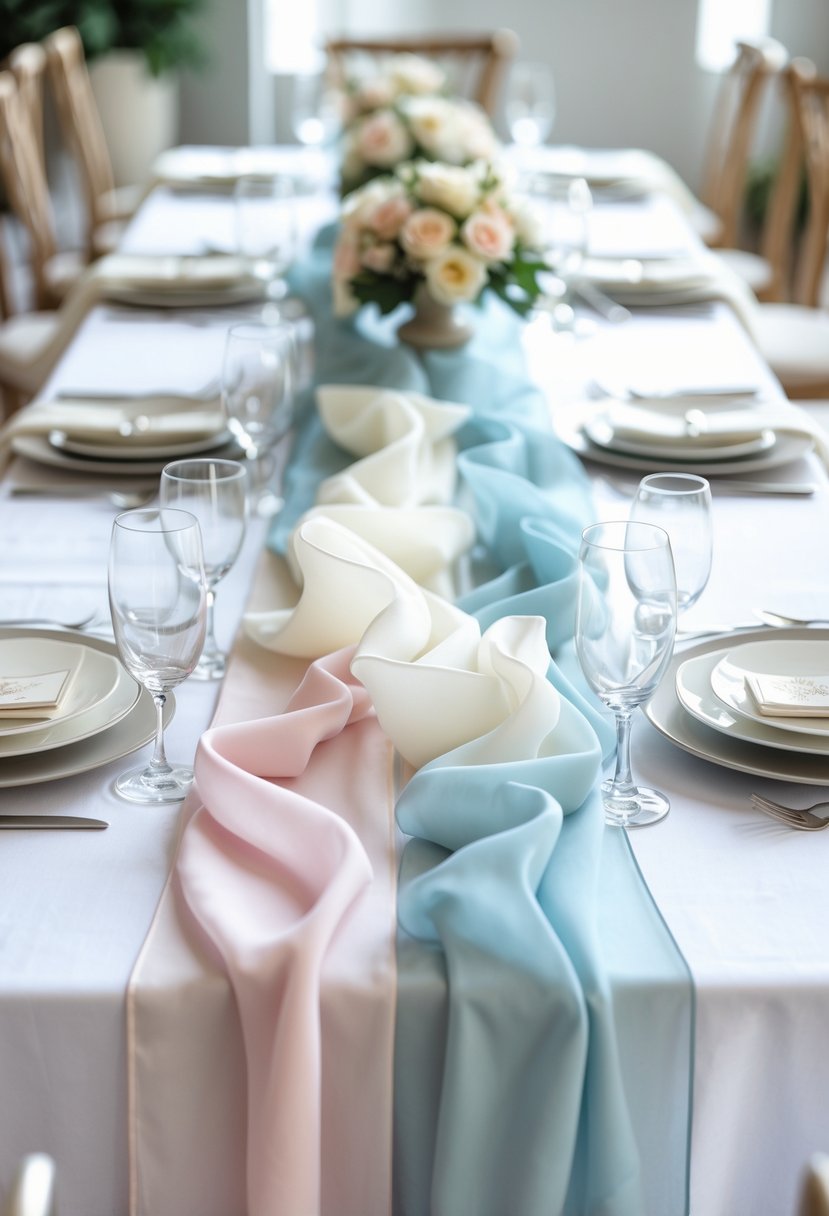 A wedding table decorated with layered color-blocked chiffon fabric runners, set with place settings including plates, silverware, and glasses, without any flowers.