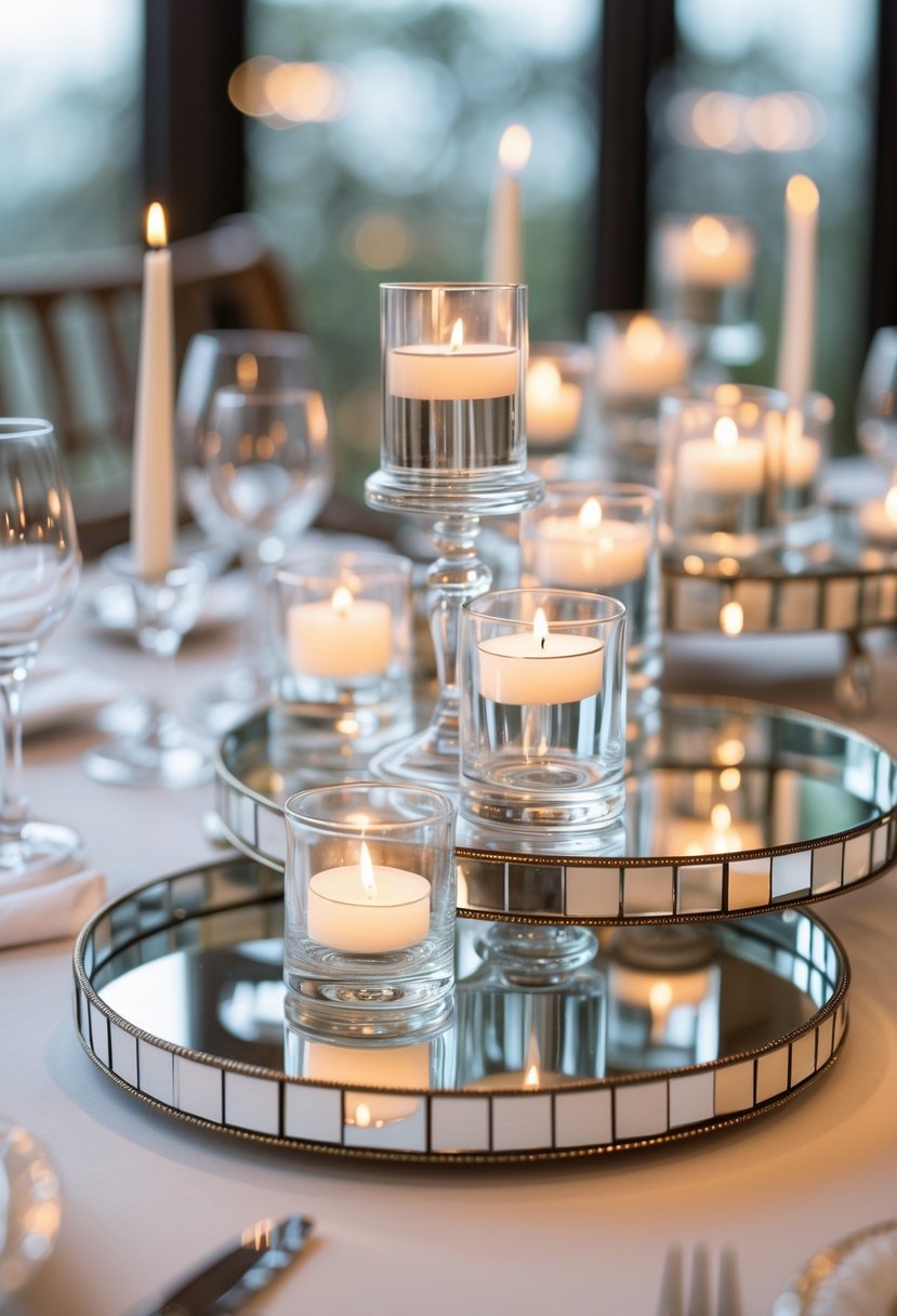A wedding table centerpiece with layered mirrored trays holding glass tea light holders with lit candles.