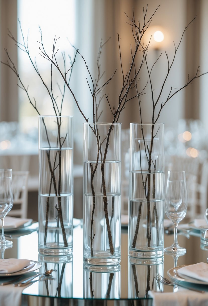 A wedding table with tall glass vases holding bare branches placed on a mirror surface.
