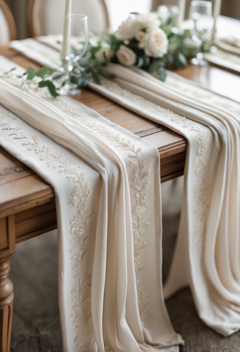 A wedding table decorated with layered fabric runners featuring subtle embroidery, without any flowers.