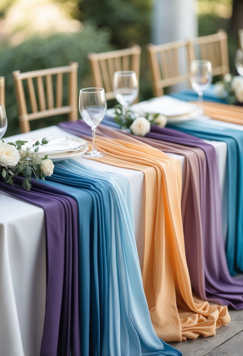 A wedding table decorated with layered ombre dyed fabric runners in gradient colors without any flowers.