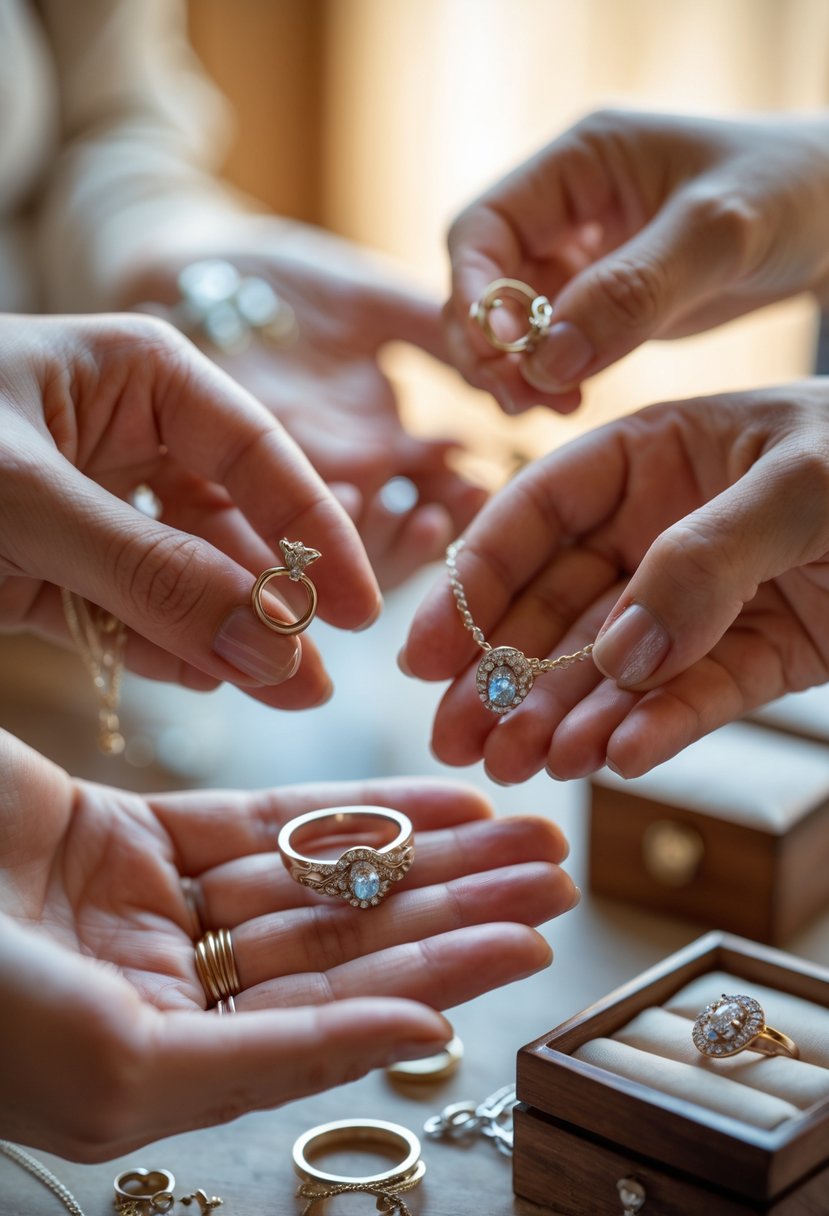 Close-up of hands displaying repurposed wedding rings transformed into new jewelry pieces like a pendant, keychain charm, and earrings.