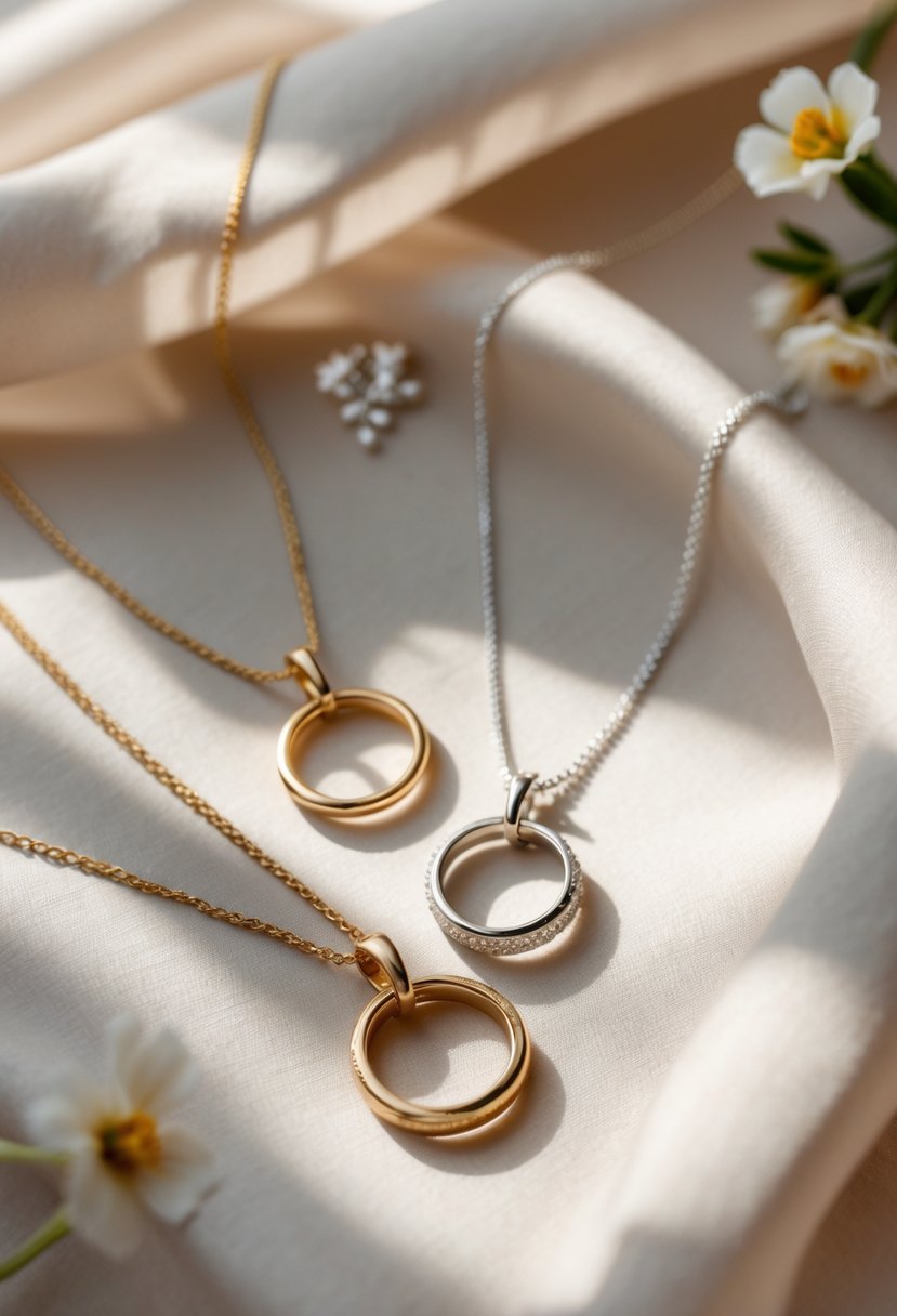 Close-up of delicate pendant necklaces made from transformed wedding rings displayed on soft fabric with small flowers nearby.