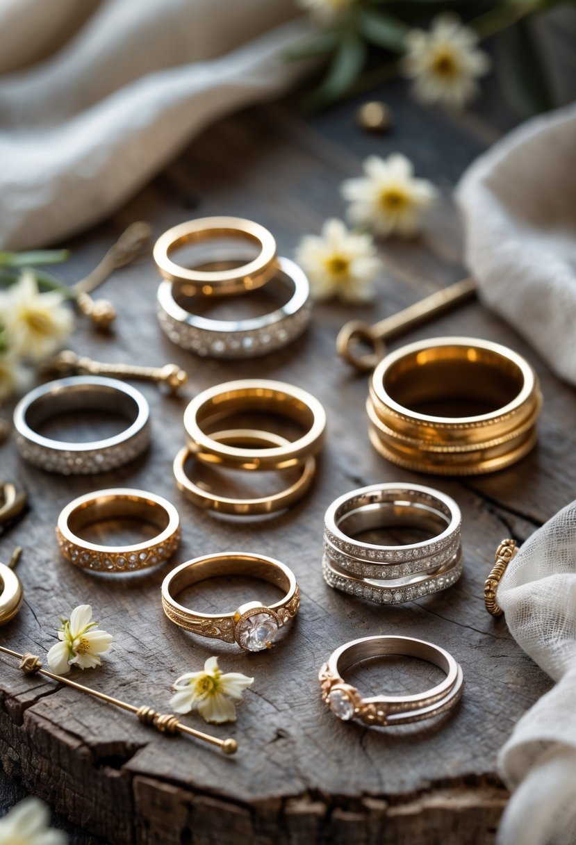 A collection of old wedding rings creatively arranged on a wooden surface with small flowers and jewelry tools nearby.