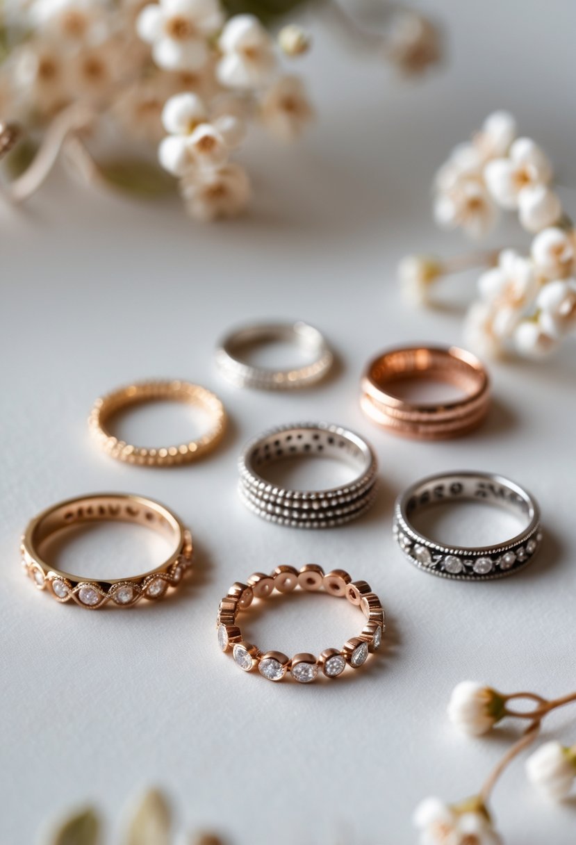 Close-up of several stackable midi rings made from repurposed old wedding rings arranged on a neutral surface.