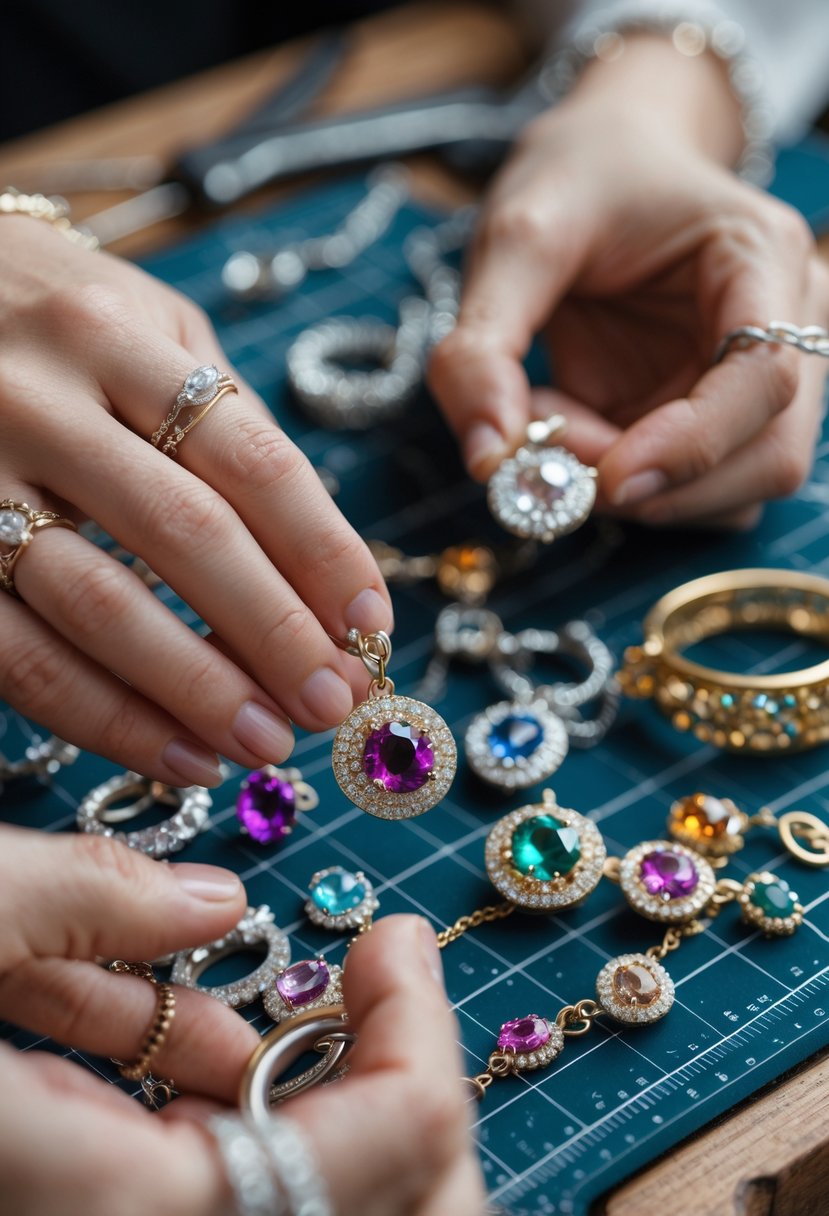 Hands making charm bracelets using gemstones from old wedding rings on a wooden table with jewelry tools.