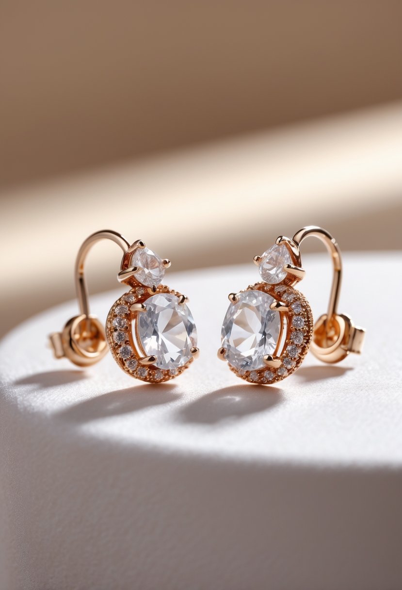 Close-up of a pair of earrings made from repurposed wedding ring stones displayed on a light surface.