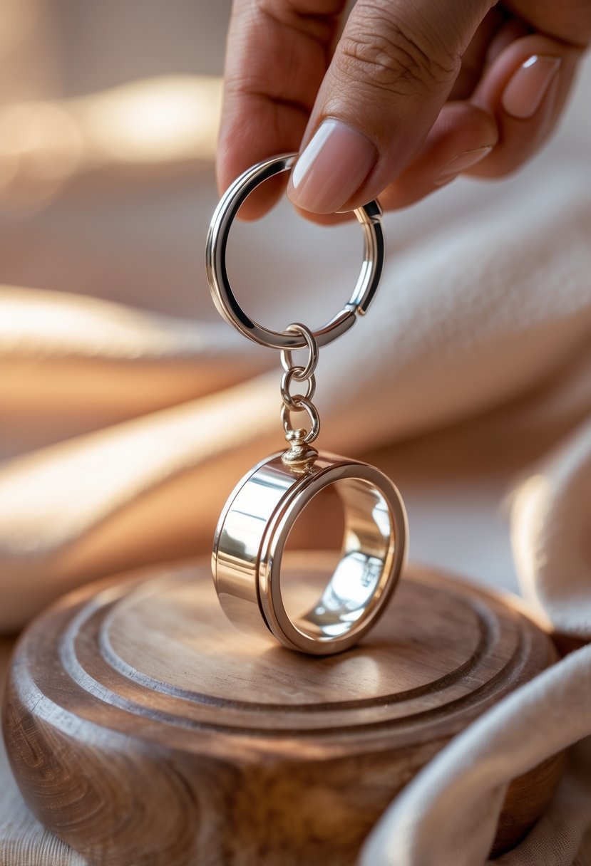 Close-up of a keychain charm made from a wedding ring resting on a wooden surface.