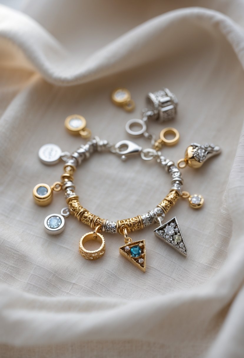 Close-up of a charm bracelet made from repurposed pieces of old wedding rings on a soft fabric background.
