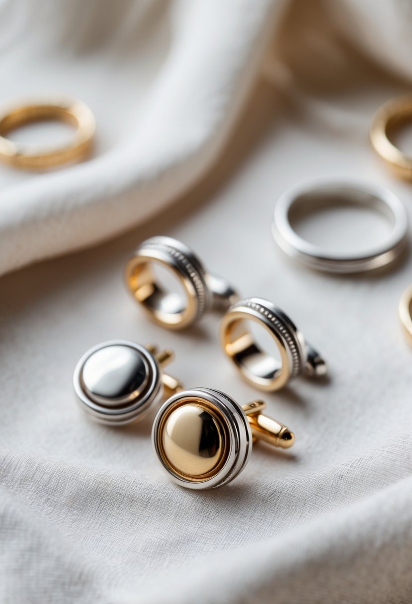 A pair of elegant cufflinks made from repurposed wedding rings resting on a soft fabric background.