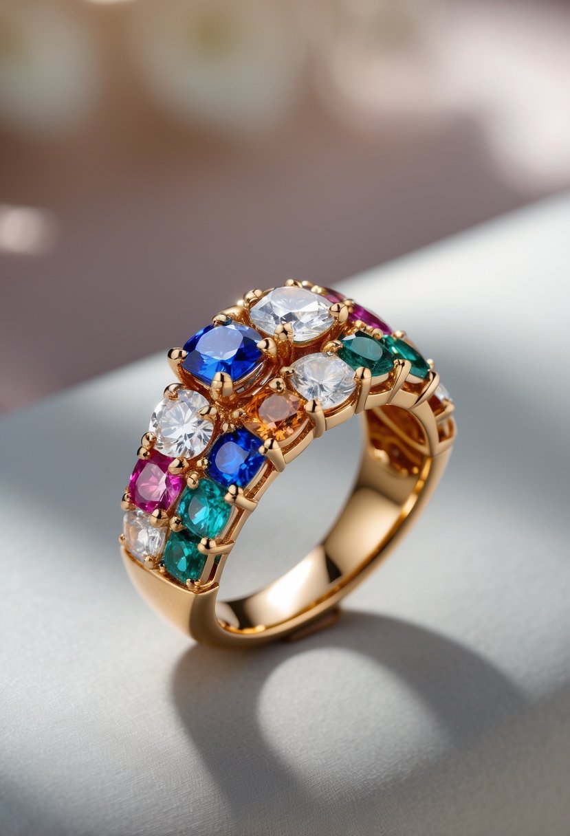 A close-up of a custom-designed ring with gemstones arranged on a polished gold band.