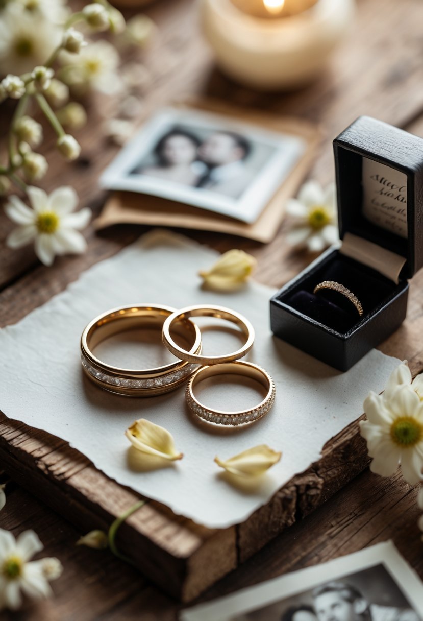 Close-up of old wedding rings on a wooden table surrounded by vintage photos, flower petals, and a new ring made from the old bands.