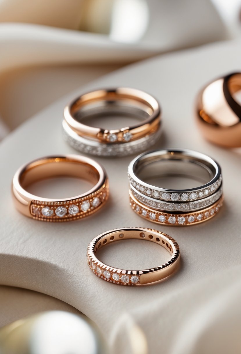 Close-up of several elegant ring sets made by combining old wedding rings with new anniversary bands, displayed on a soft surface.