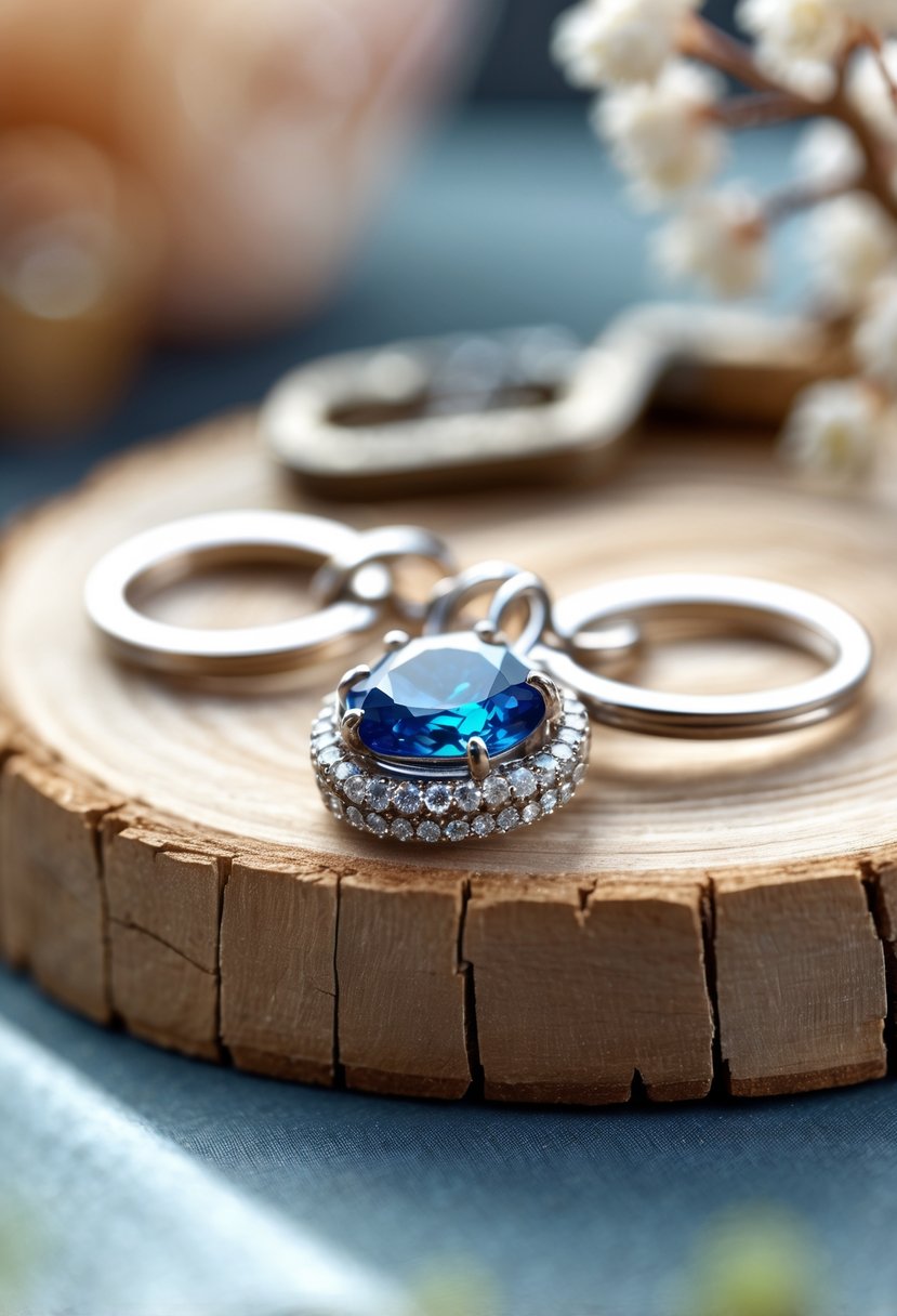 A personalized keychain charm made from an old wedding ring displayed on a wooden surface with crafting tools blurred in the background.