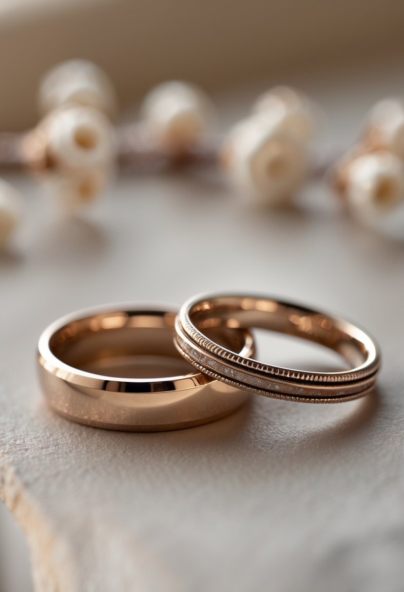 Close-up of two wedding rings on a neutral surface, one modern band and one older vintage ring placed side by side.