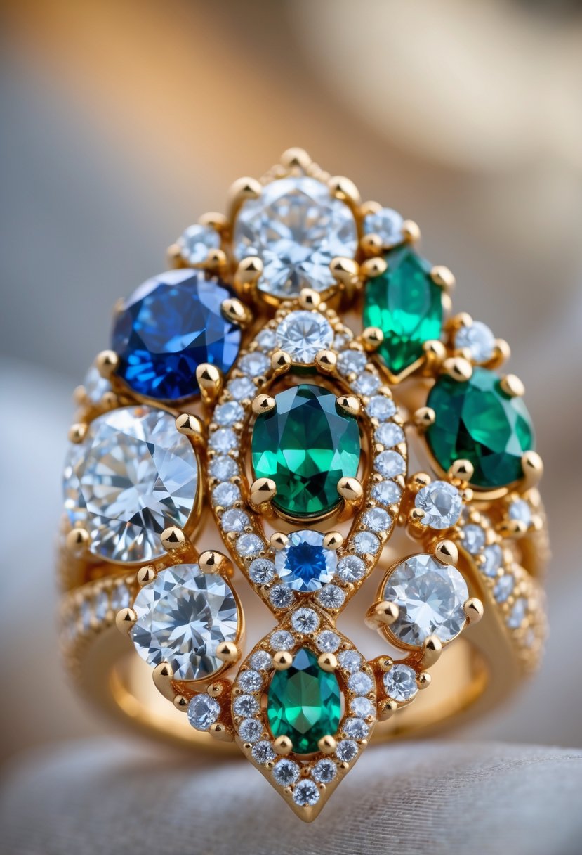 Close-up of a statement cocktail ring with multiple sparkling stones embedded on a polished metal band.