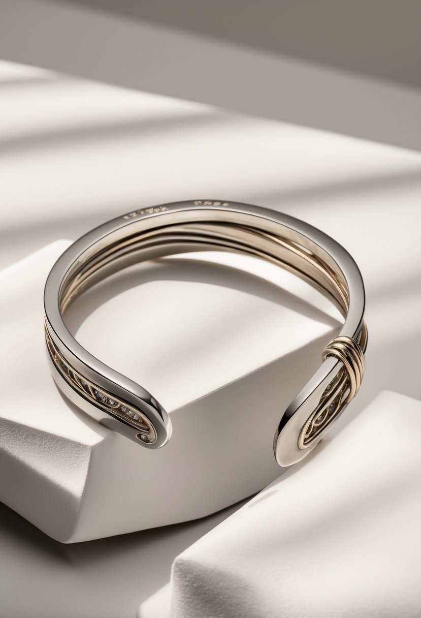 A close-up of a stylish cuff bracelet made from old wedding ring metal resting on a plain surface.