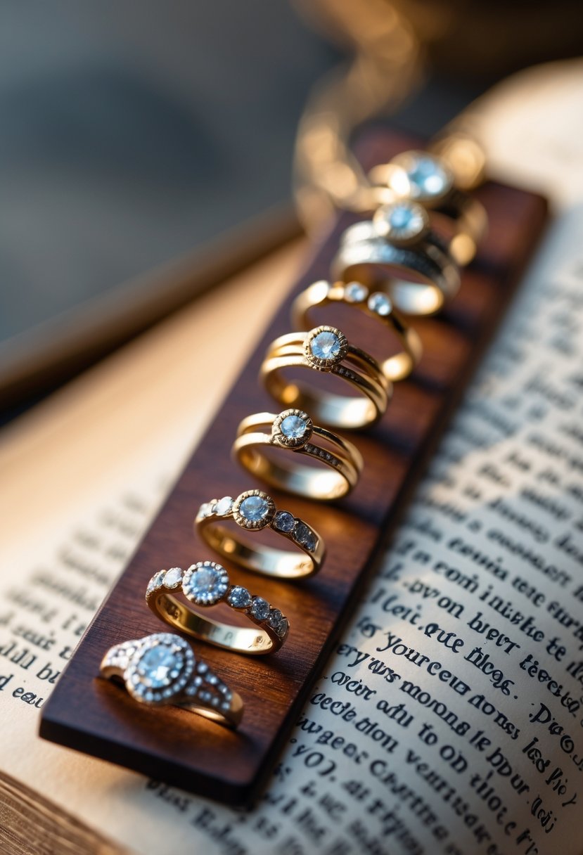 Close-up of a personalized bookmark decorated with old wedding rings arranged along its length on a softly blurred background.