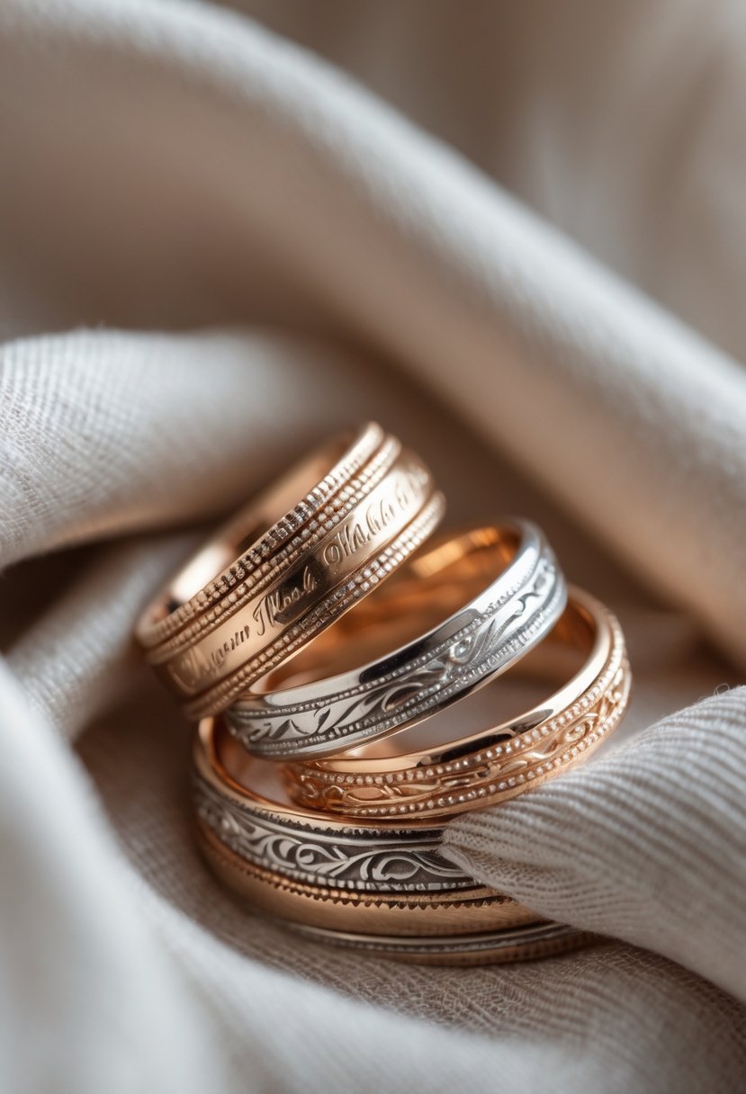 Close-up of two matching promise rings made from old wedding rings placed on a soft fabric background.