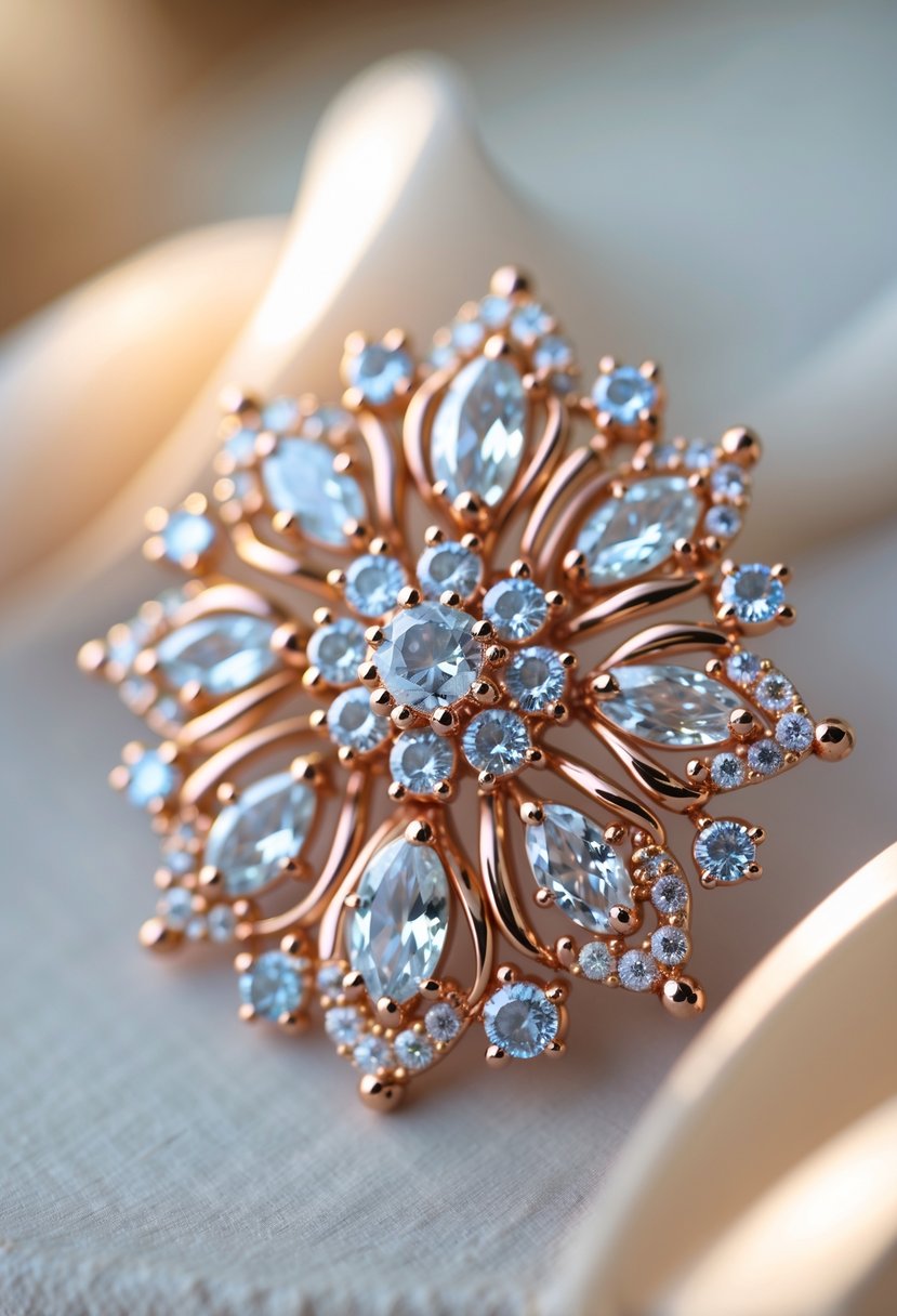 Close-up of a custom brooch made from repurposed wedding ring stones arranged in an elegant design.