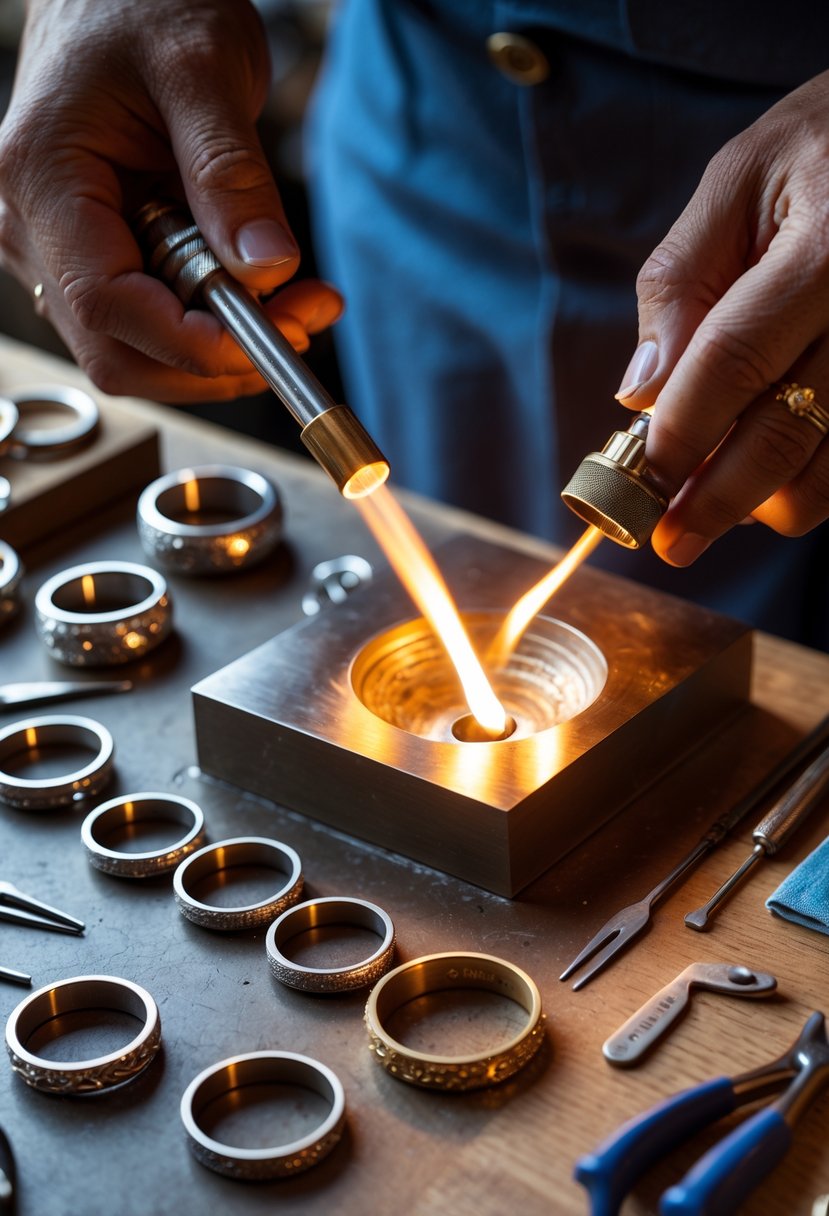Hands melting metal over a workbench with old wedding rings and cufflinks surrounded by jewelry tools.