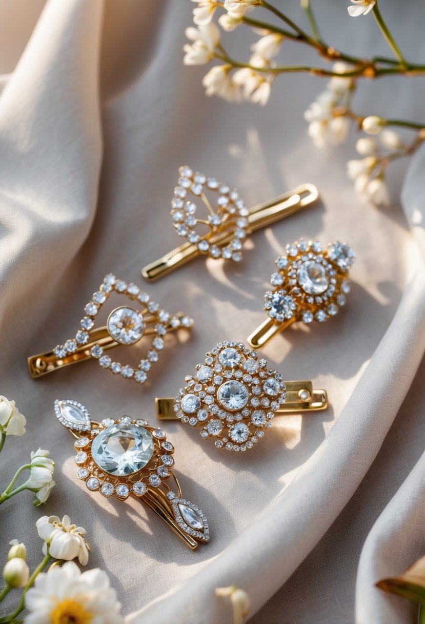 Close-up of hairpins and clips made from old wedding rings with gems arranged on fabric with flowers nearby.