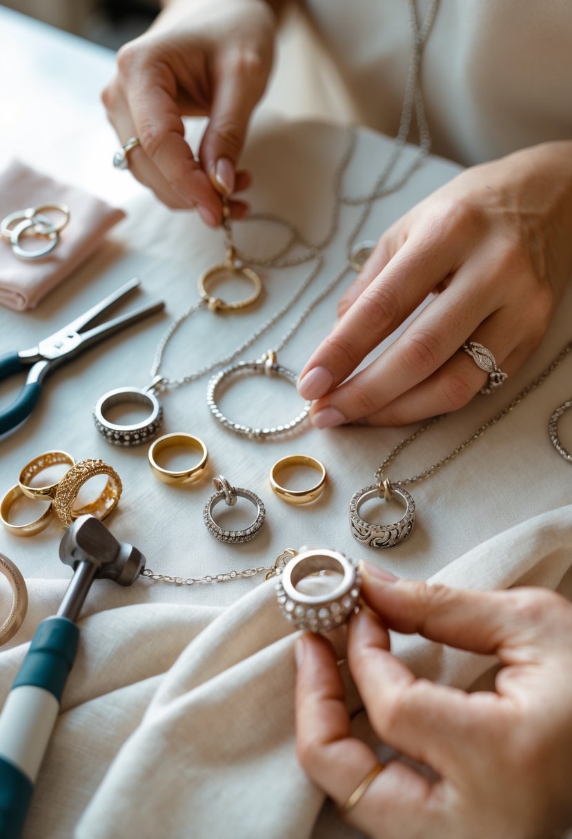 Hands crafting pendant necklaces from old wedding rings on a workspace with jewelry tools.