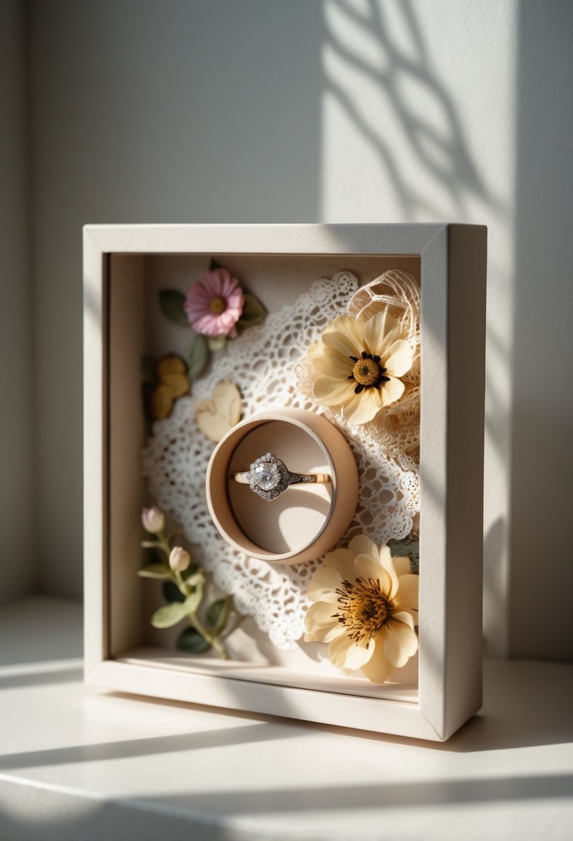 An old wedding ring displayed inside a shadow box with vintage lace, pressed flowers, and aged paper arranged around it.