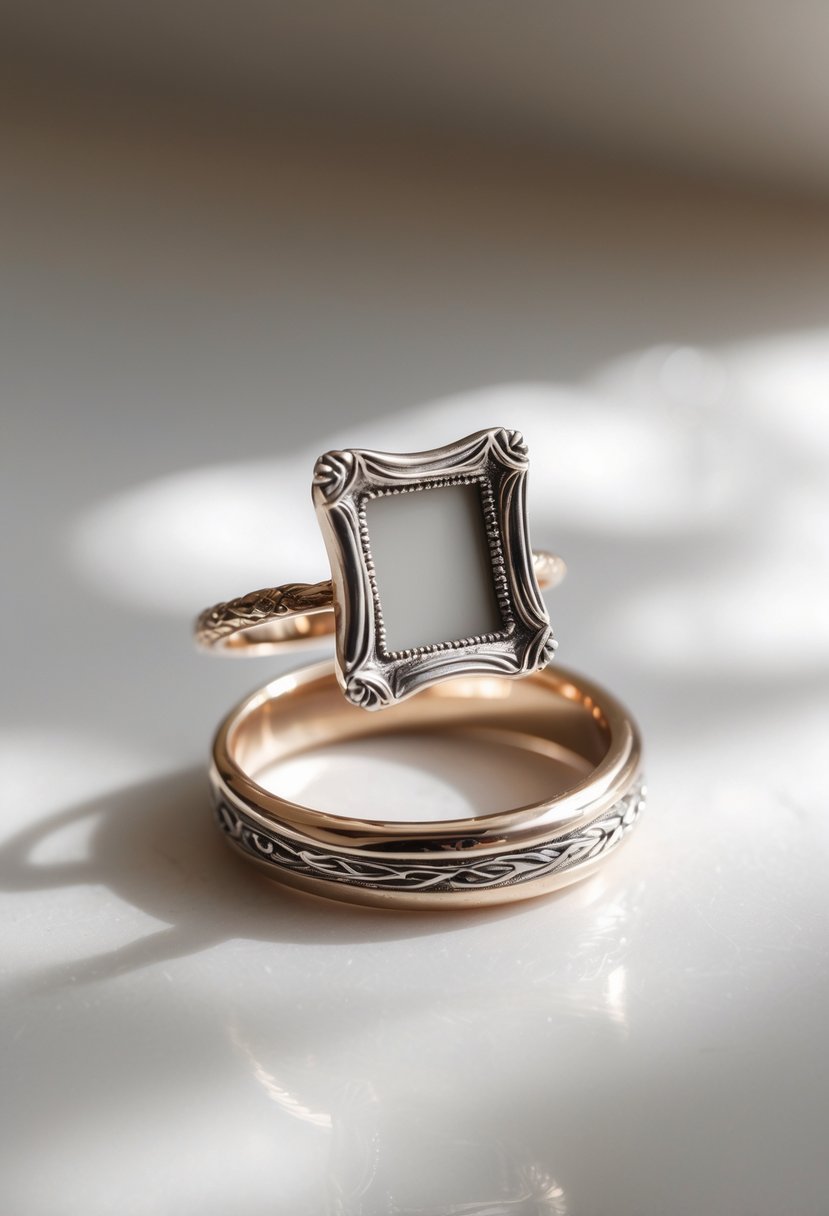 A miniature photo frame made from an old wedding ring displayed on a neutral surface.