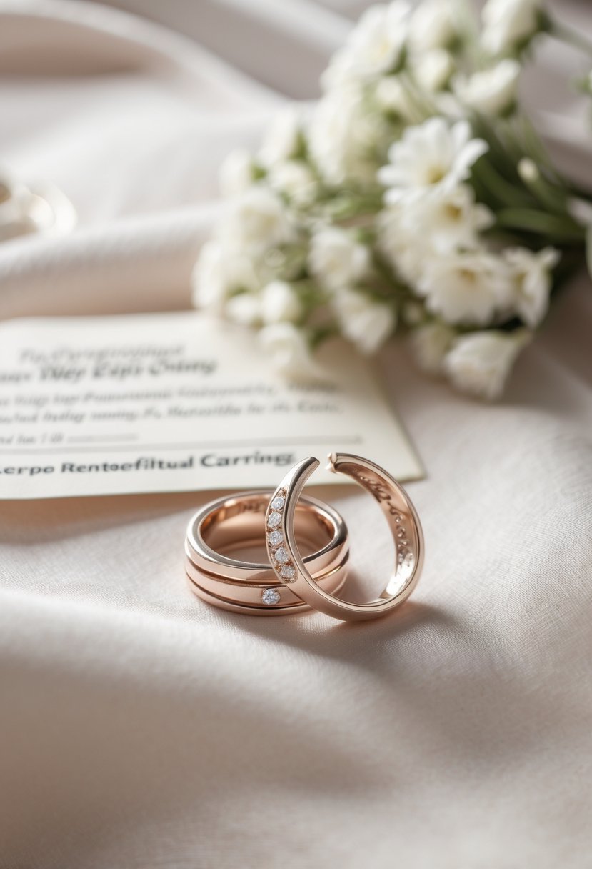 A pair of elegant earrings made from old wedding rings displayed on soft fabric with a blurred vow renewal certificate and white flowers in the background.