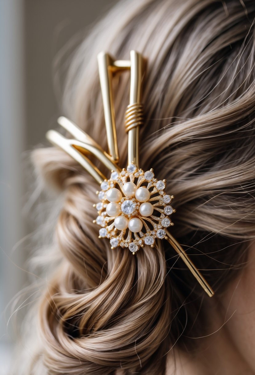 Close-up of a decorative hairpin made from a wedding ring placed in styled hair.