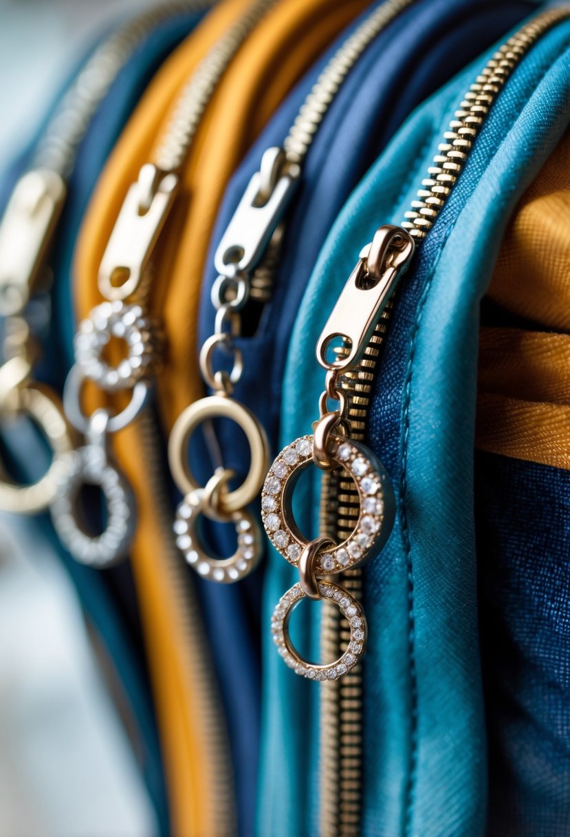 Close-up of colorful zippers with decorative zipper pulls made from old wedding rings attached to clothing and bags.