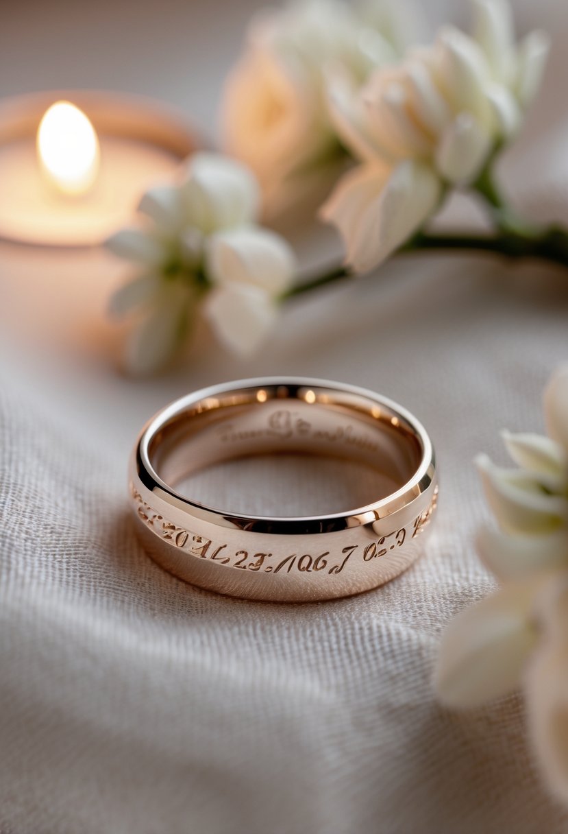 Close-up of a redesigned wedding ring band with visible inner engravings, placed on soft fabric with romantic elements in the background.