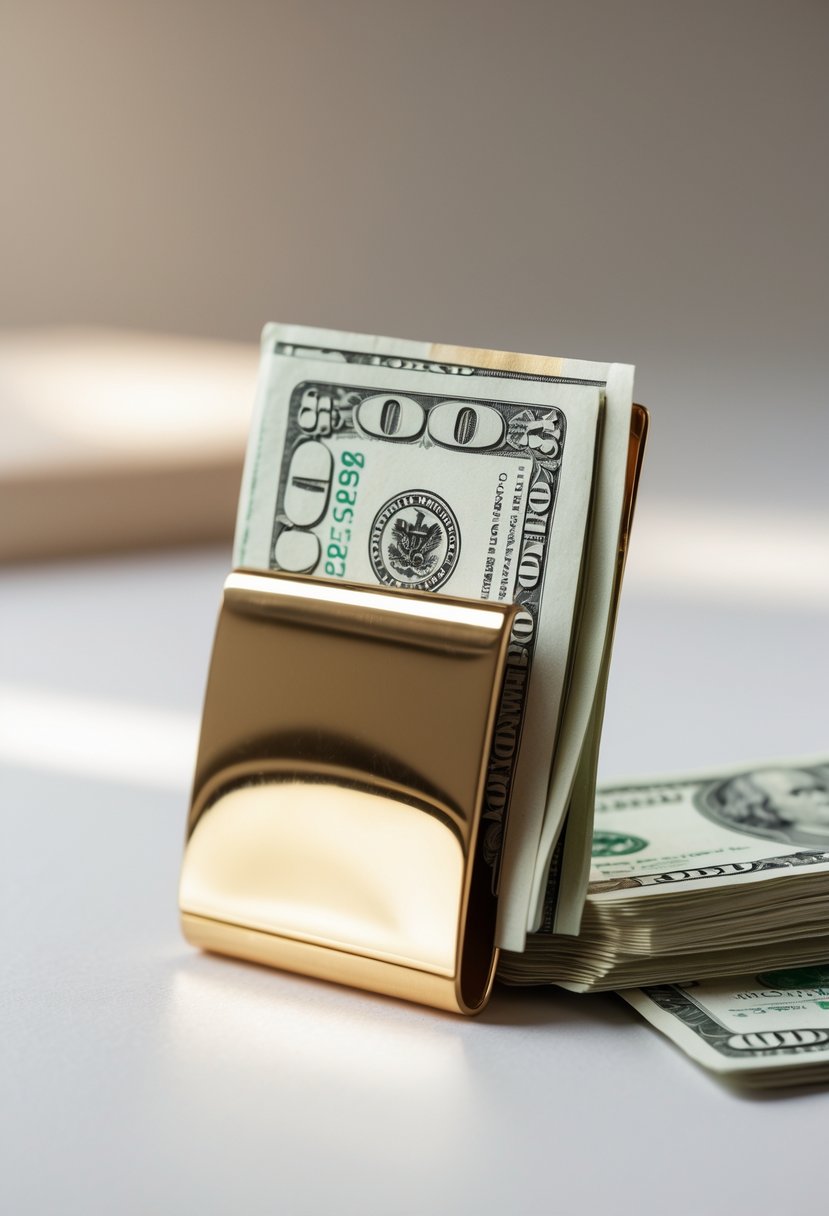 Close-up of a gold wedding ring repurposed as a money clip holding bills and credit cards.