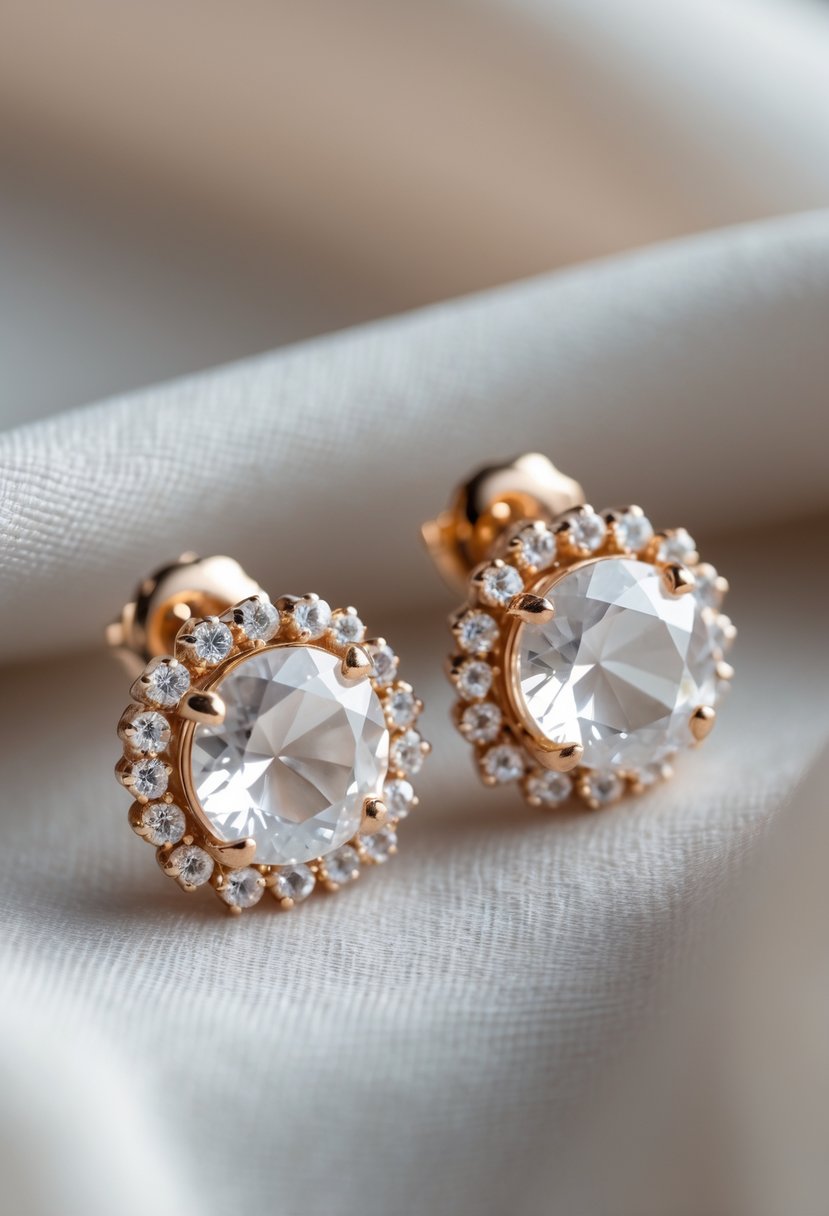 A close-up image of a pair of elegant stud earrings made from repurposed wedding ring stones resting on soft fabric.