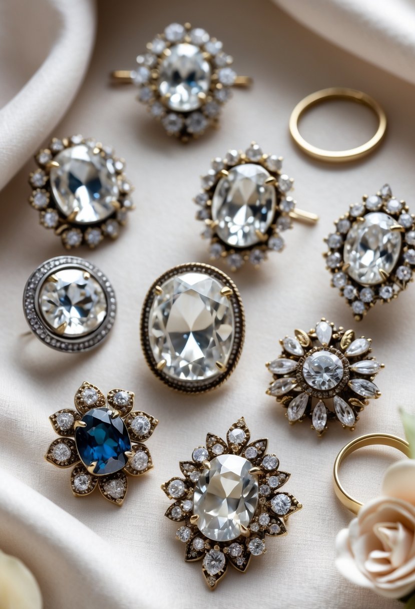 Close-up of decorative pins and brooches made from repurposed wedding ring stones arranged on a soft fabric background with some vintage rings nearby.