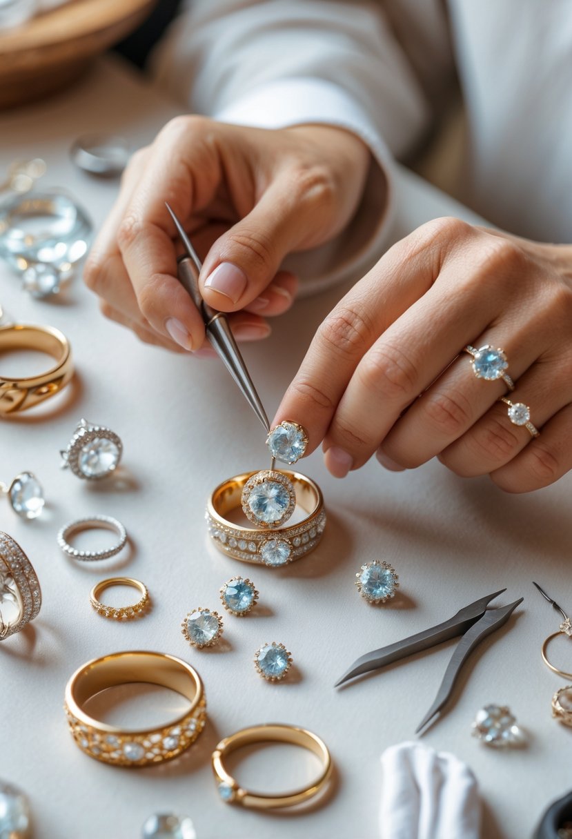 Hands repurposing gemstones from old wedding rings into new jewelry pieces on a jeweler's workspace with tools and loose gemstones.