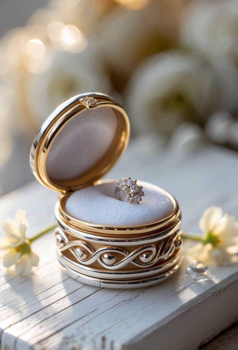 A small keepsake box made from old wedding rings holding a baby's first tooth or curl on a white surface with soft floral decorations.