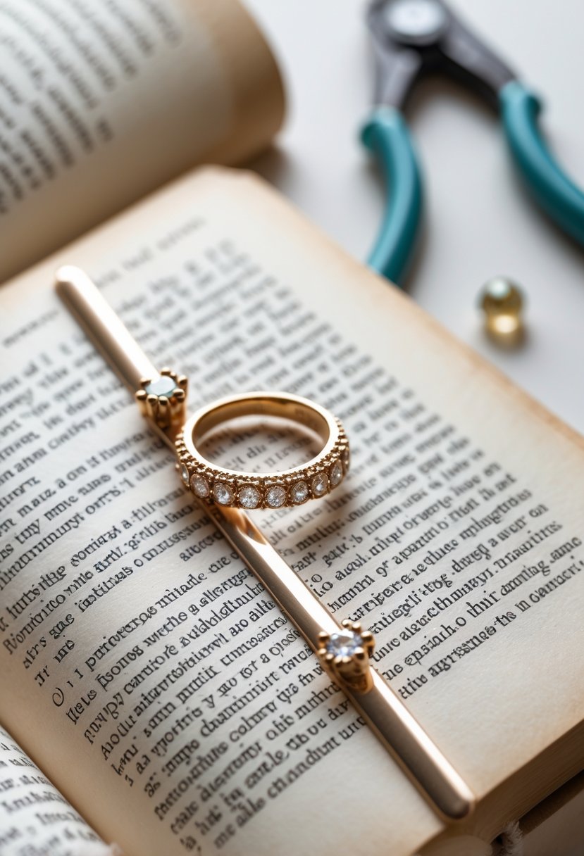 An old wedding ring with gemstones transformed into a decorative bookmark resting on an open book, surrounded by small crafting tools.