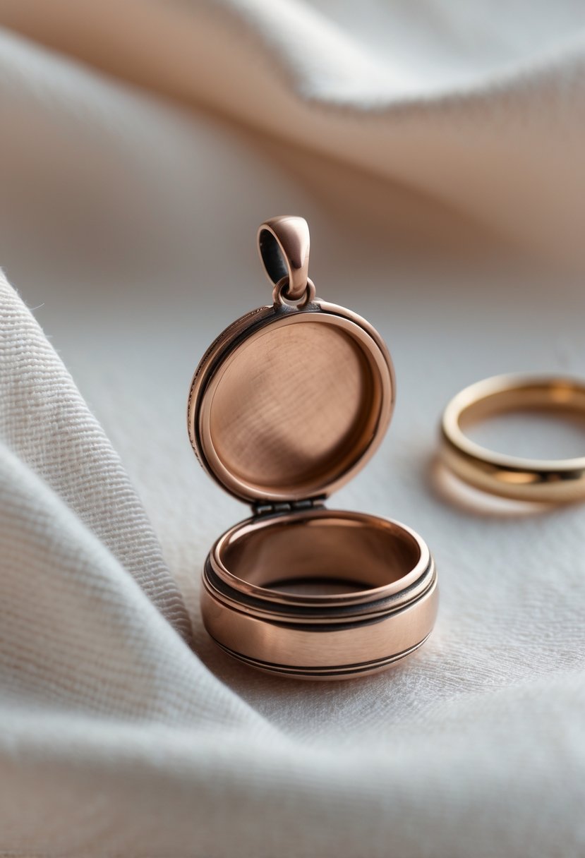 A close-up of an open locket made from an old wedding ring, resting on soft fabric with the original ring nearby.