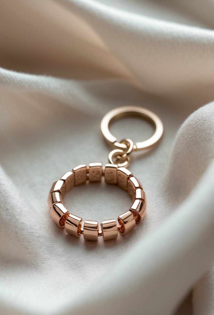 Close-up of a keychain made from parts of an old wedding ring resting on soft fabric.