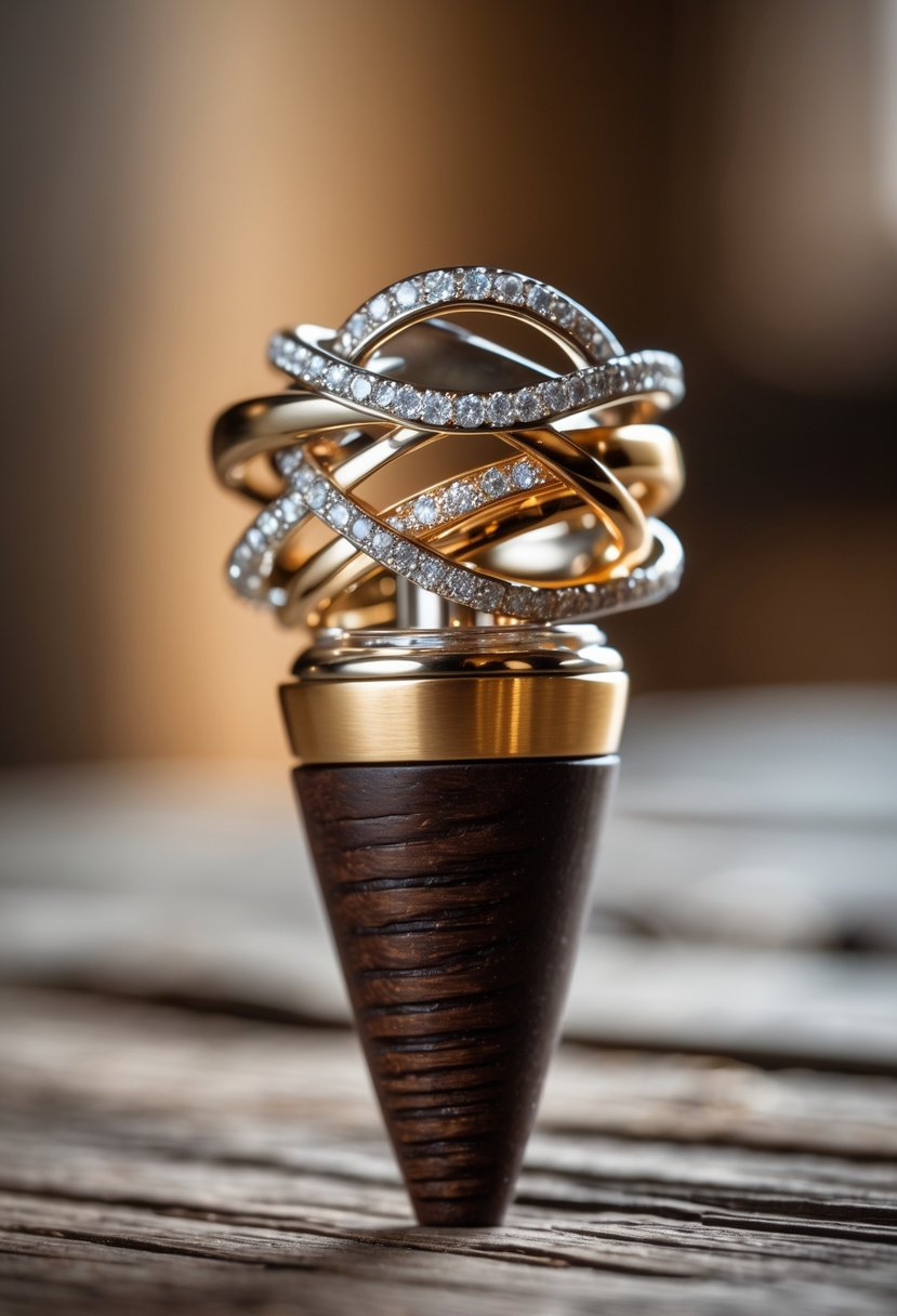 A custom wine stopper made from intertwined wedding rings resting on a wooden surface.