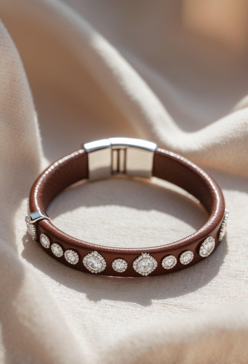 Close-up of a leather bracelet with small sparkling stones embedded as decorative accents on a soft fabric background.
