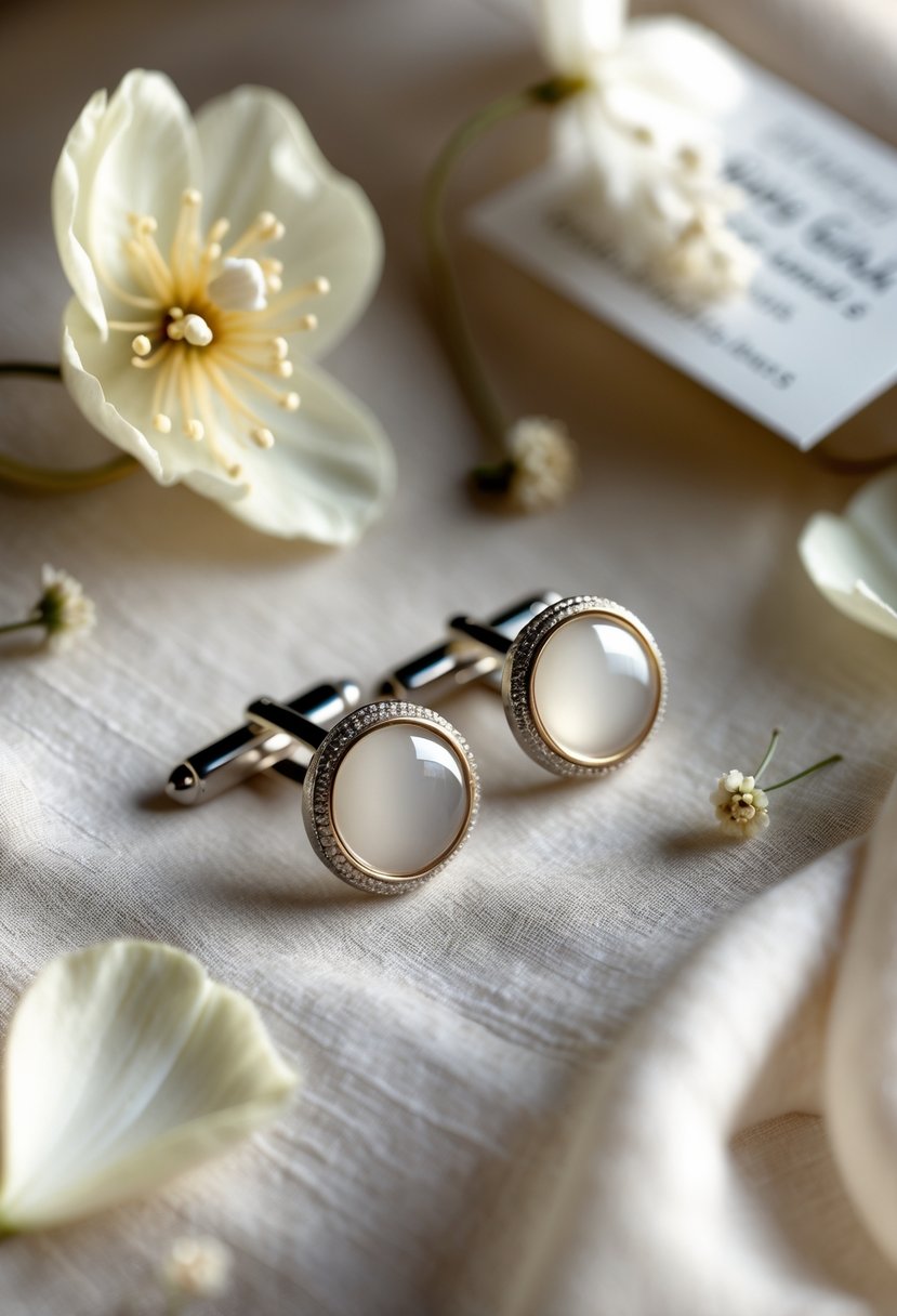 Close-up of cufflinks made from old wedding rings placed on soft fabric with flower petals and a vow renewal card nearby.