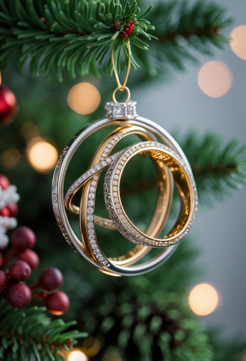 A keepsake ornament made from old wedding rings hanging on a decorated pine branch with holiday lights and festive greenery.