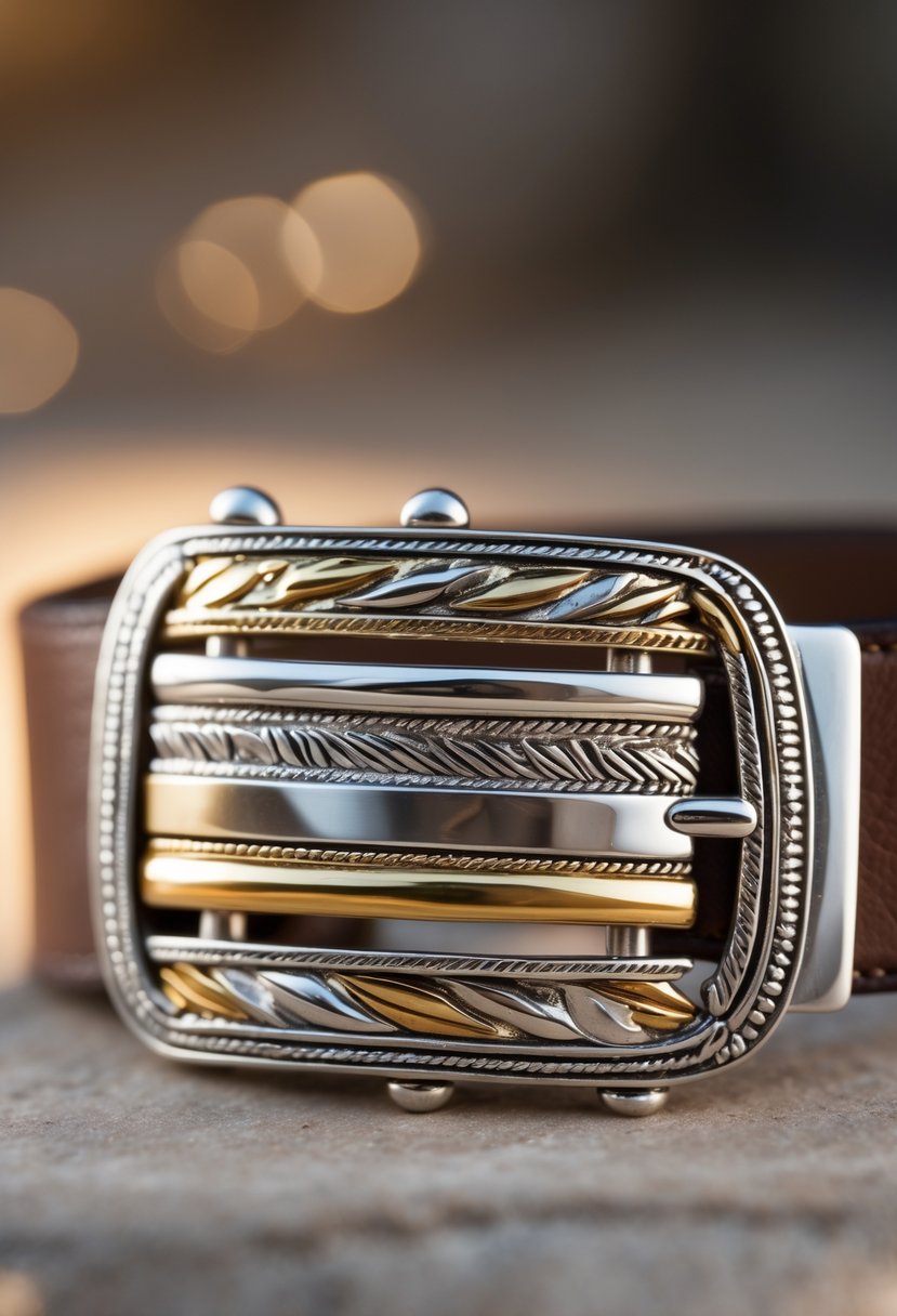 Close-up of a custom belt buckle made from repurposed metal wedding rings on a leather belt.