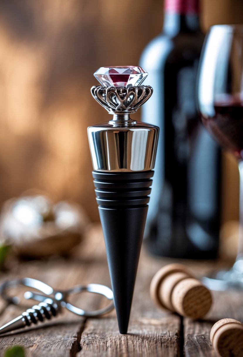 A custom-made wine stopper made from an old wedding ring placed in a wine bottle on a wooden table with a wine glass nearby.