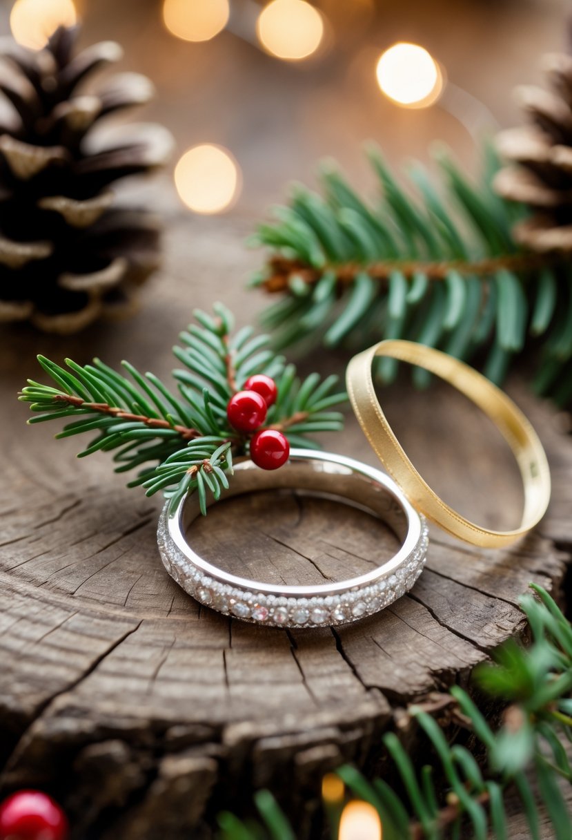 A handmade Christmas ornament made from a repurposed wedding ring decorated with red berries and pine needles on a wooden surface with festive background elements.