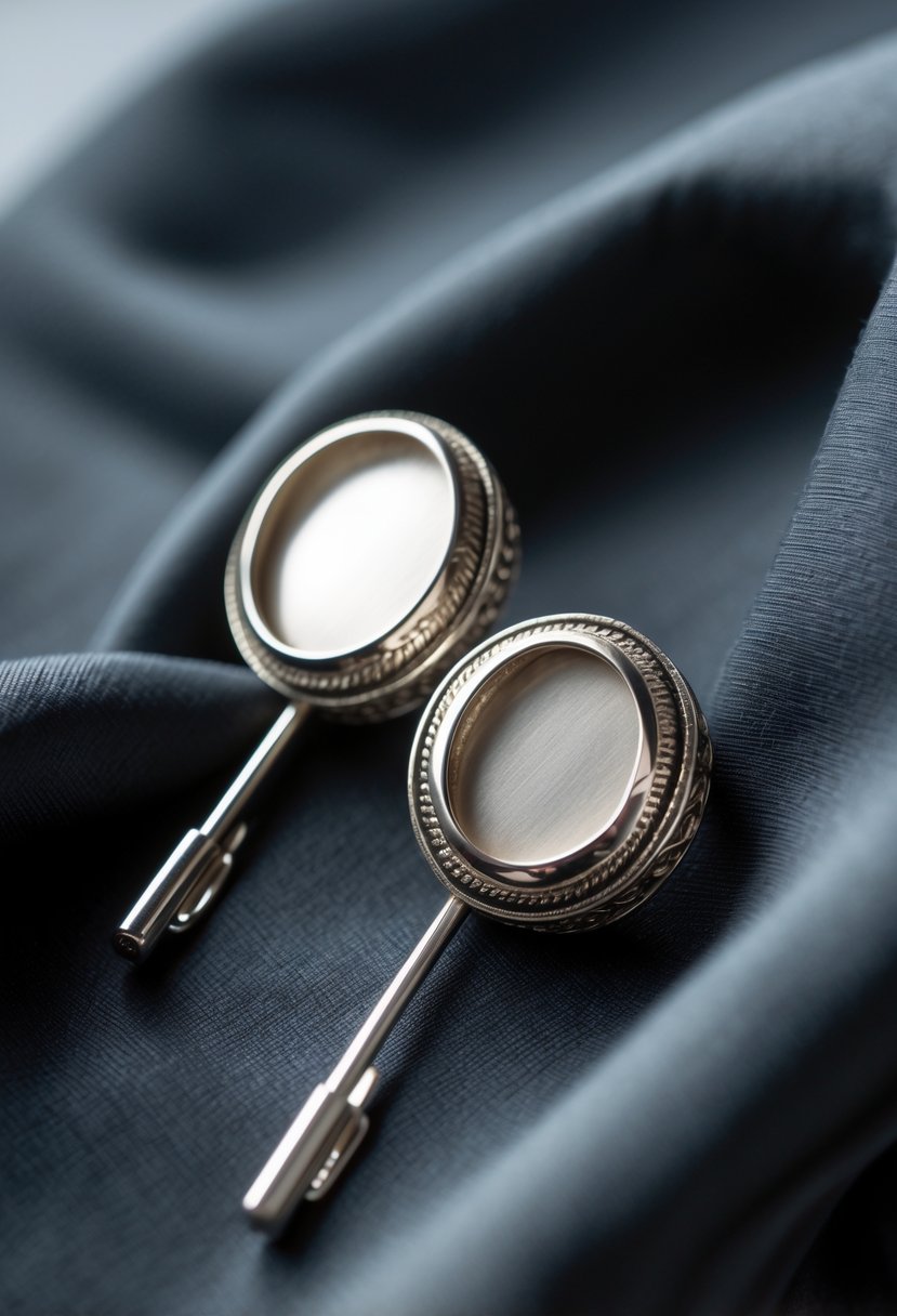 A pair of unique metal tie pins made from old wedding rings displayed on dark fabric.