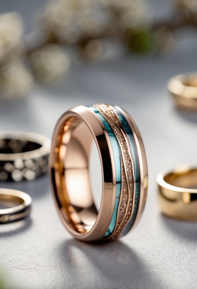 A close-up of a new wedding ring made by adding metal from old rings, placed on a neutral background.